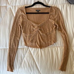 wild fable Tan Ribbed Twist-Front Long Sleeve Crop Top